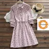 Japanese Mori Girl Women Autumn Winter Warm Dress Floral Printes Fleece Elegant Cute Kawaii Lace Up Robe Femme 210520