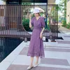 Lato Koreańska Moda Szyfonowe Suknie Kobiety Krótki Rękaw Office Lady Bodycon Plus Size Purple Sheath Vintage 210531