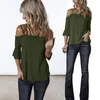 Kadın Kapalı Omuz Sling T Gömlek Backless Seksi Streetwear T-shirt Rahat Bayan Kazaklar Ordu Yeşil Flare Sleeve Tops Yaz 210507