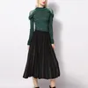 Green Spring Ruffle Piece Set Kvinnor Bright Silk Stickad Sweater + Hög Waist Pläterad Midi Skirt Set Kvinnor 2 Suit 210421