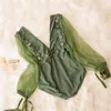 Costumi da bagno da donna 2021 Sexy femminile retrò maglia a maniche lunghe profondo scollo a V costume da bagno verde temperamento costume intero a vita alta da donna