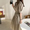 Vintage Round Collar Women's Summer Sweet Women Lace Up Solid Dress Chic Plus Waist-Controlled Thin Midi Long Dresses 10434 210417