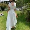 Sexy coreano elegante elegante retro slim branco plissado quadrado pescoço de atadura de cintura sem mangas vestido senhora fora do ombro capa manga 210610