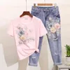 Summer Fashion Embroidery T Shirt Women Flowers Short sleeve T-shirt + Hole Nine Points Jeans Two Piece Set Womens Clothing TZ18 X0428