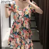 Zevity Women Vintage V Neck Rękaw Puff Elastyczne Talii Sukienka Sukienka Kobieta Chic Floral Print Casual Hem Wzburzyć Mini Vestido DS8275 210603