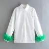 Eleganckie kobiety Mankiety Zielone Furry White Koszula 2022 Wiosna Commuter Patchwork Chic Bluzka Vintage Luźne Kobiece Topy