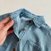 Spring Baby Girls Bodysuit Blue Denim Long Puff Sleeves Pocket Turn-down Collar Jumpsuit born Cute Clothes E2496 210610