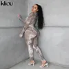 Kliou mulheres magro oco para fora dois pedaço conjunto de manga cheia o-pescoço bodysuit sexy calças elásticas hight streetwear 2020 outfit de verão x0428