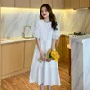 Summer Korean Style Fashion Solid Round Neck Loose Casual Puff Sleeve Long Dress 210531