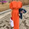 LDYRWQY slim puff sleeve long knitted dress Zipper Knee-Length Polyester 210416