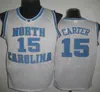 خمر فينس كارتر UNC جيرسي نورث كارولينا # 15 فينس كارتر أزرق أبيض مخيط بالقميص لكرة السلة للكلية NCAA ، شورت مطرز بشعارات