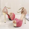 Bling Thin High Heels Sandals Summer Women Party Shoes Glitter Sequin Peep Toe Cover Heel Sandales Sexig Creepers Platform