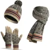 Merk 3 stks Vrouwen Winter Pompom Beanie Hoed Sjaal Touch Screen Handschoenen Set Warm Knit Sneeuwvlok Print Skull Cap Pluche Bekleed Warmer