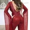 Kvinnors jumpsuits Rompers Sequined Fringed Jumpsuit For Women Sexig Deep V-Neck Långärmad Kvinnlig vin röd 2021 Spring Summ2341