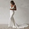 Sexy Mermaid Bride Dresses Boho V-Neck Otwórz Wróć Elastyczna Suknia Ślubna Proste Długie Przyciski Dress Bridal Dress 2021