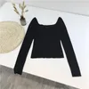 Black Office Lady Elegancki Scoop Neck Długi Rękaw Merceryzowany Bawełniane Pulowery Tee Casual Kobiety Y2K T-shirt B-076 211120