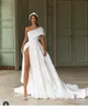 One Shoulder Float Wedding Dresses Thigh High Slit Appliqued 2020 New Bridal Gowns with Big Bow Sweep Train Robe De Mariee1949442