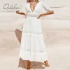 Vestito da spiaggia a tunica lunga da donna a maniche lunghe in pizzo bianco a maniche lunghe da donna 210415