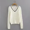 Women Knit Cotton Striped V Neck Sweater In Creme Cable Pullover Crop Top 210512