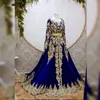 Royal Blue Caftan Marocain de Soire Avondjurken Lange Mouw Applique A Line Plus Size Prom -jurk met Cape Vestidos Formale