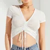 Stickning Drawstring Crop Tops Women T-shirt V Neck Kortärmad Solid Smal Kvinnlig Skjortor Sommar Sexig Ladies Topp Kläder 210518