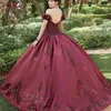 Burgundy Quinceanera Платья 2021 Принцесса Вечеринка Бальное платье Милая Сладкая 16 Кружева Аппликации Sequins Vestidos de 15 Años Masquerade Phowss