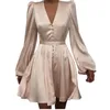 Elegant Satin Women Dresses V-Neck Puff Sleeve Party Robes Femme Plain Ruched Button Front Dress Ladies Outfits