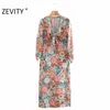 Women Sexy Deep V Neck Knotted Floral Print Casual Slim Midi Dress Female Pleats Long Sleeve Split Party Vestido DS4634 210420