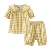 Mudkingdom Summer Pajamas for Girls Plaid PJS Cute Jammies Set Big Girl Peter Pan Collar Toddler Homewear Kids Sleepwear 211130