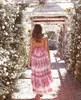 Summer Ruffles Leaves Striped Print Spaghetti Strap Dress Holiday Woman Lace up V neck Loose Sling Maxi Long Dresses Beach 210429