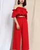 Women Set Summer Solid Red Green Strapless Off The Shoulder Mid Calf Pants Short Top Beach Vocation T0024 210514