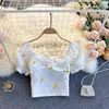 女性のシャツの甘い刺繍の花ツイストショートトレンディとブラウス210420のための夏のビンテージトップ