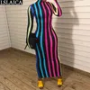 Turtleneck Kolorowe Paski Maxi Dress Kobiety Jesień Moda Z Długim Rękawem Wysoka Talia Skinny Streetwear Seksowny Klub 210520
