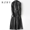 Rzby kvinnor 100% fårskinn Höst och vinter Haining Leather Jacket Dames Sheepskin Long Slim Windbreaker Jacket and Coat 211118