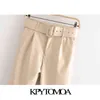 KPYTOMOA femmes Chic mode avec ceinture PU Faux cuir pantalon Vintage taille haute fermeture éclair mouche femme cheville pantalon Mujer 211115