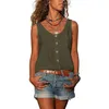 Sommar Kvinnors Solid Färg V Neck Button Vest Casual Loose Ärmlös Fick Tank Tees Ladies Oversized Pullover Toppar 210507