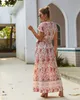 Damen-Sommer-Wickelkleid mit V-Ausschnitt, Vintage-Blumendruck, geteilter Gürtel, fließendes Boho-Strandkleid