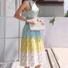 Bayanlar Yaz Vintage Geometrik Ekose Pileli Uzun Örme Elbise Kadınlar Seksi Halter Kolsuz Kazak Yelek Elbiseler Vestidos 210514