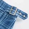Foridol Plaid Vintage Belt Skirt Kvinnor Chic Streetwear Kontrollera Mini High Waist Ruted A Line Blue 210415
