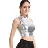 Indjxnd Crop Top Mulheres Fitncamis Clubwear Tops Turtleneck Summer Sleevelloather Brilhante Tanque Metálico Tops Workout Colete X0507