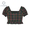 Chemisier à carreaux élastiques à taille haute pour femmes Summer Korean Retro Slim Preppy Style Élégant Crop Shirts Dames Chic Blusas Tops 210417