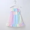 Focusnorm 0-4Y zomer mooie baby meisjes jurk regenboog print ruches mouwloze knielengte A-lijn Sundress Q0716