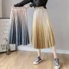 Hög midja pläterad kjol för kvinnor Spring Gradient Color Midi Kvinna Casual A-Line s Gold Velvet Maxi S 210514