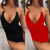 Metall Ring Halter Sexy Deep V Bodysuit Badeanzug Brasilianische Frau Kreuz Verband Rückenlose Bademode Dame Push Up Beachwear 210604