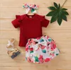 Baby Girl Clothes Sets Solid Short Sleeve Romper Flower Shorts Headband 3st Set Sommardesigner Spädbarn Kläder Boutique Barnkläder BT6615