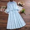 Frauen Chiffon Jacquard Midi Kleid Frühling Herbst Vintage Weibliche Laterne Hülse Mit Gürtel Rüschen Kleider Elegante Party Vestidos 210520