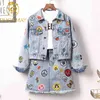 Large Size Embroidery Epaulet Denim Jacket Coat + Mini Jean Skirt Outfits Fashion Women Suit Office Two Piece Set S-5XL 210506