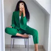 Vrouw vintage groene losse blazer pakken lente elegante vrouwelijke streetwear solide matching sets dames hoge wassited broek pak 220315