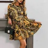 Women Gold Vintage Baroque Print Dress O-neck Long Sleeve Empire Mini Elegant Yellow D2529 210514