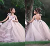 Mooie roze prinses baljurk Pageant jurken voor kleine meisjes boog 3d bloemen kralen kant applicaties baby kinderen verjaardag formele slijtage backless bloem meisje jurk al8965